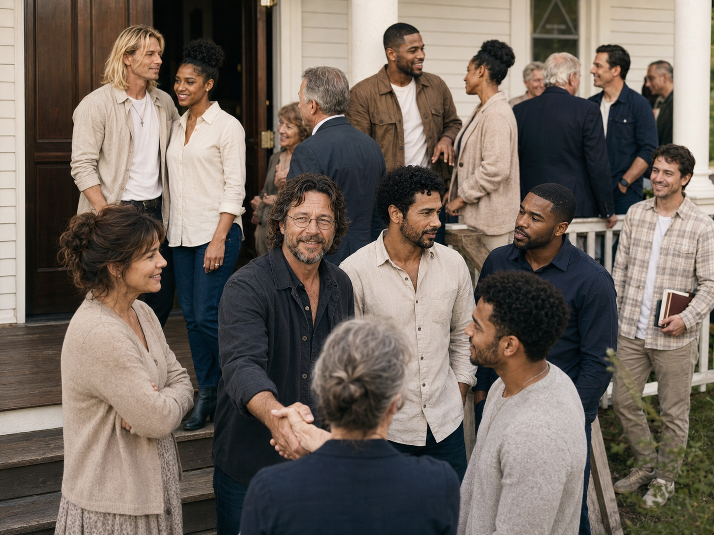 Friends gathered on the church steps in a warm, candid moment