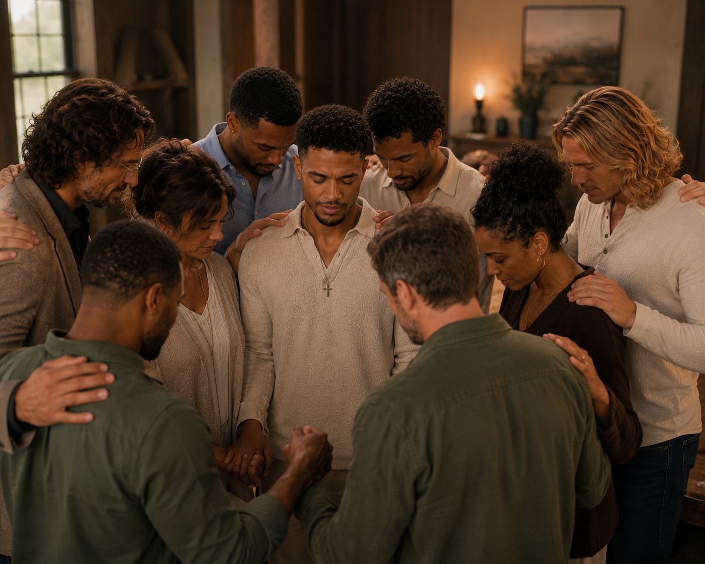 A group gathered closely in a quiet prayer circle
