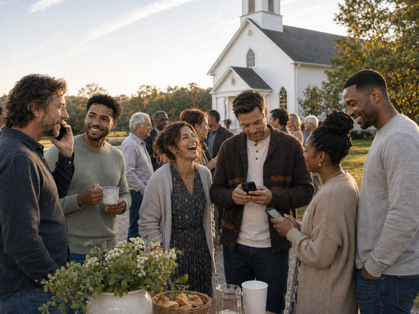 A candid church courtyard gathering with phones, a mug, laughter, and conversation