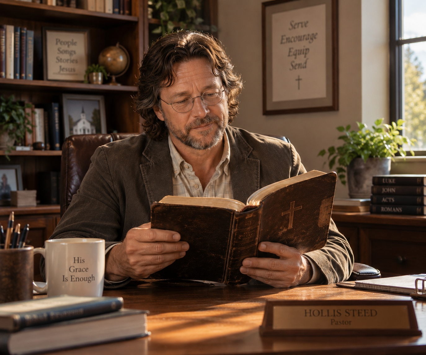 Hollis reading his Bible in the church office