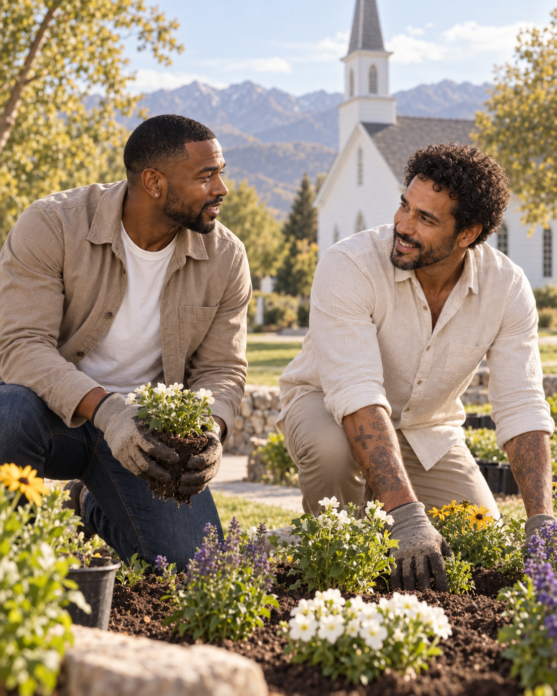 Joseph and Jasper working together in the flower beds beside the white church