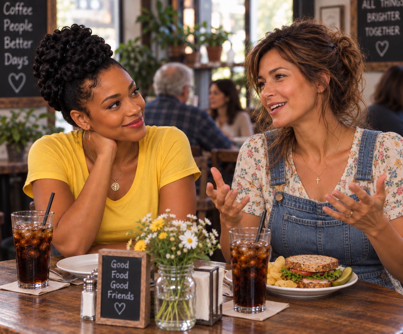 Mara and Fannie having lunch together at a café