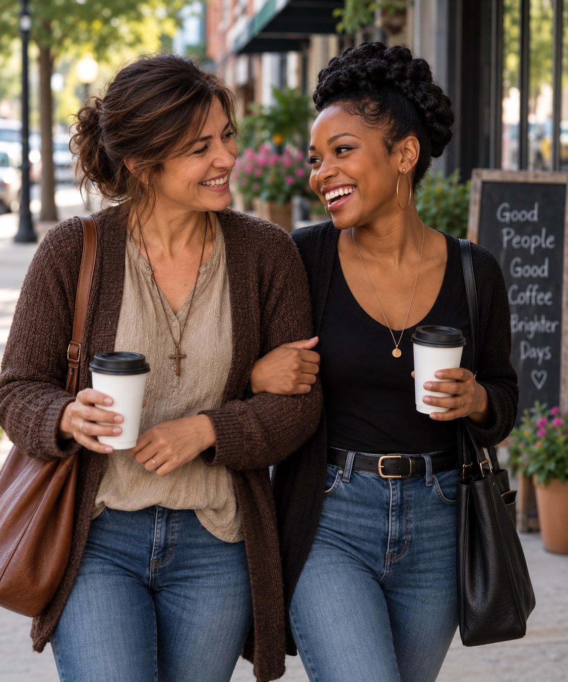Mara and Fannie walking together with coffee