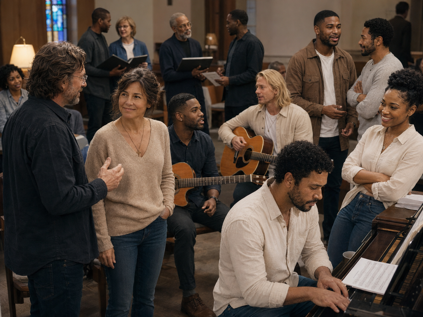 A candid indoor music rehearsal with piano, guitars, and conversation