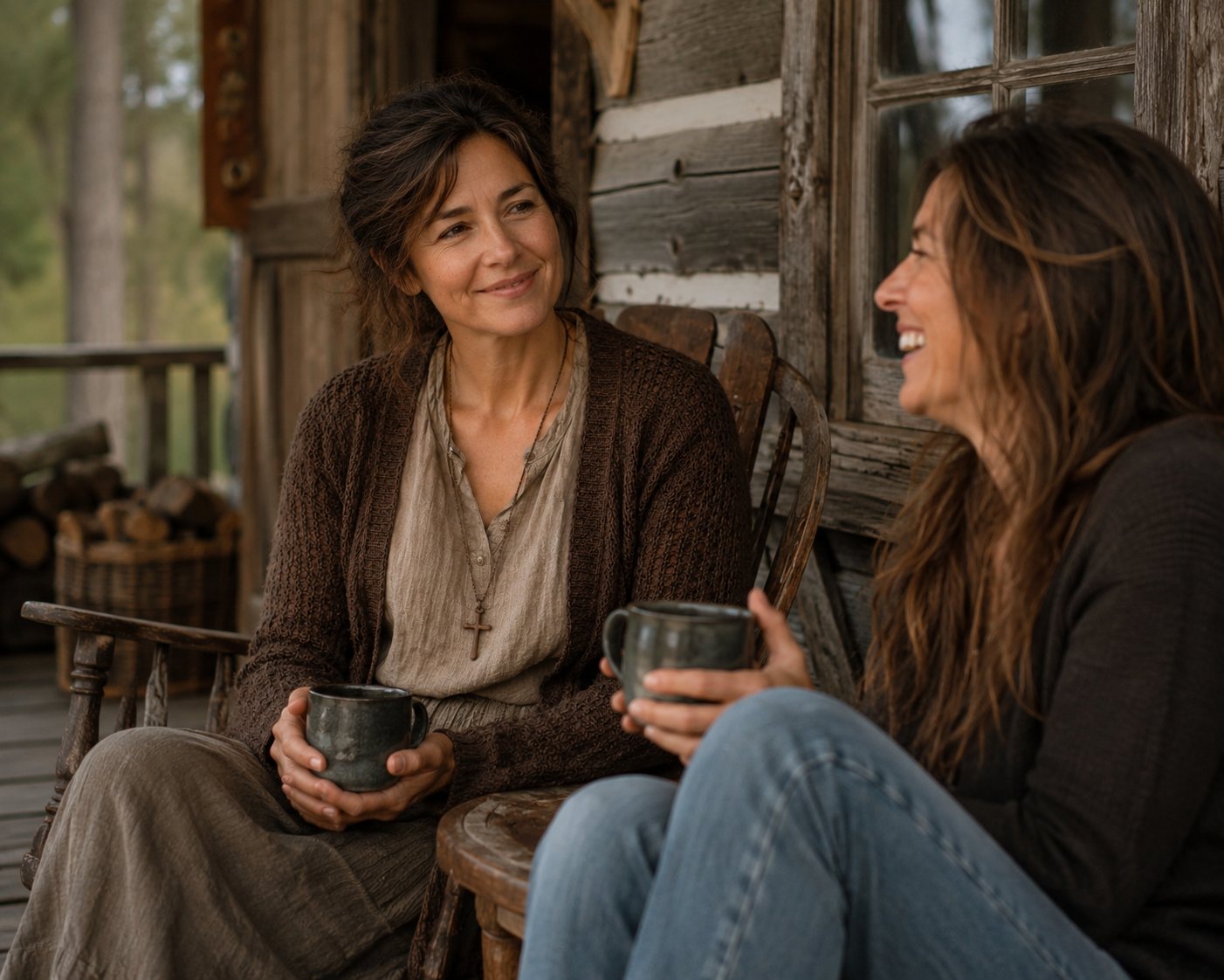 Two women sharing conversation over mugs on a rustic porch