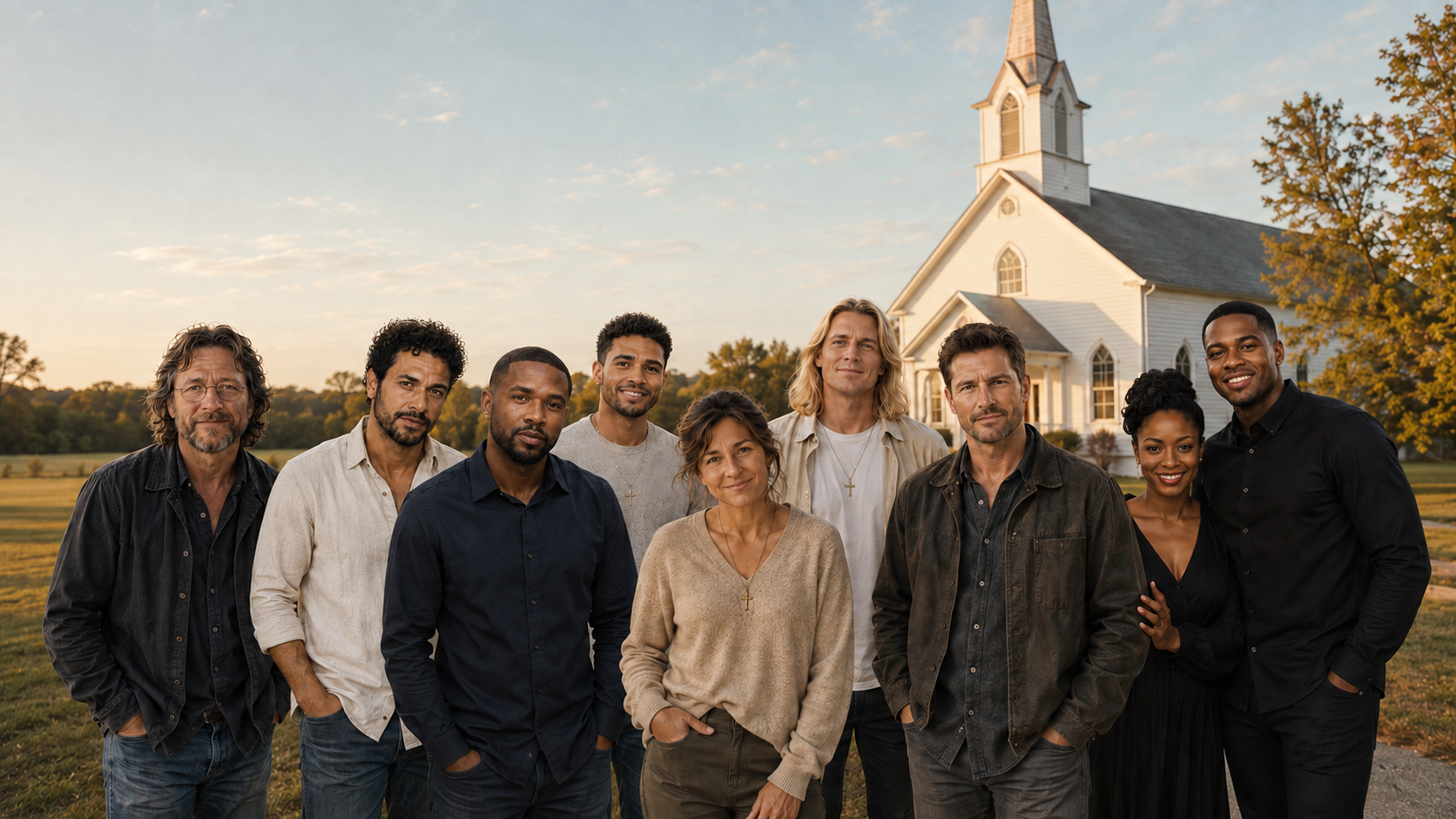 The My People Sound performers gathered in front of a country church