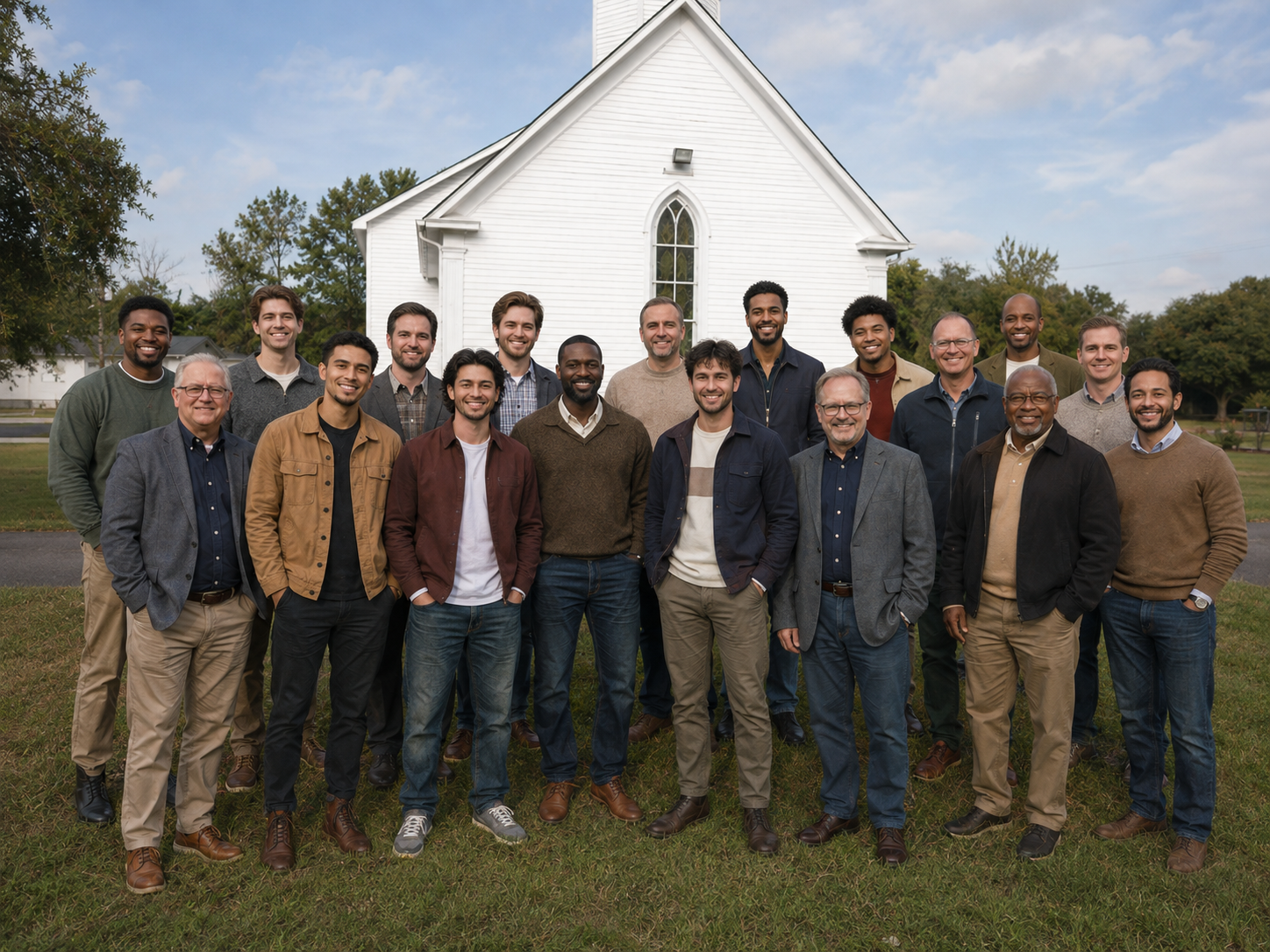 My People Sound Male Chorus gathered in front of a white country church