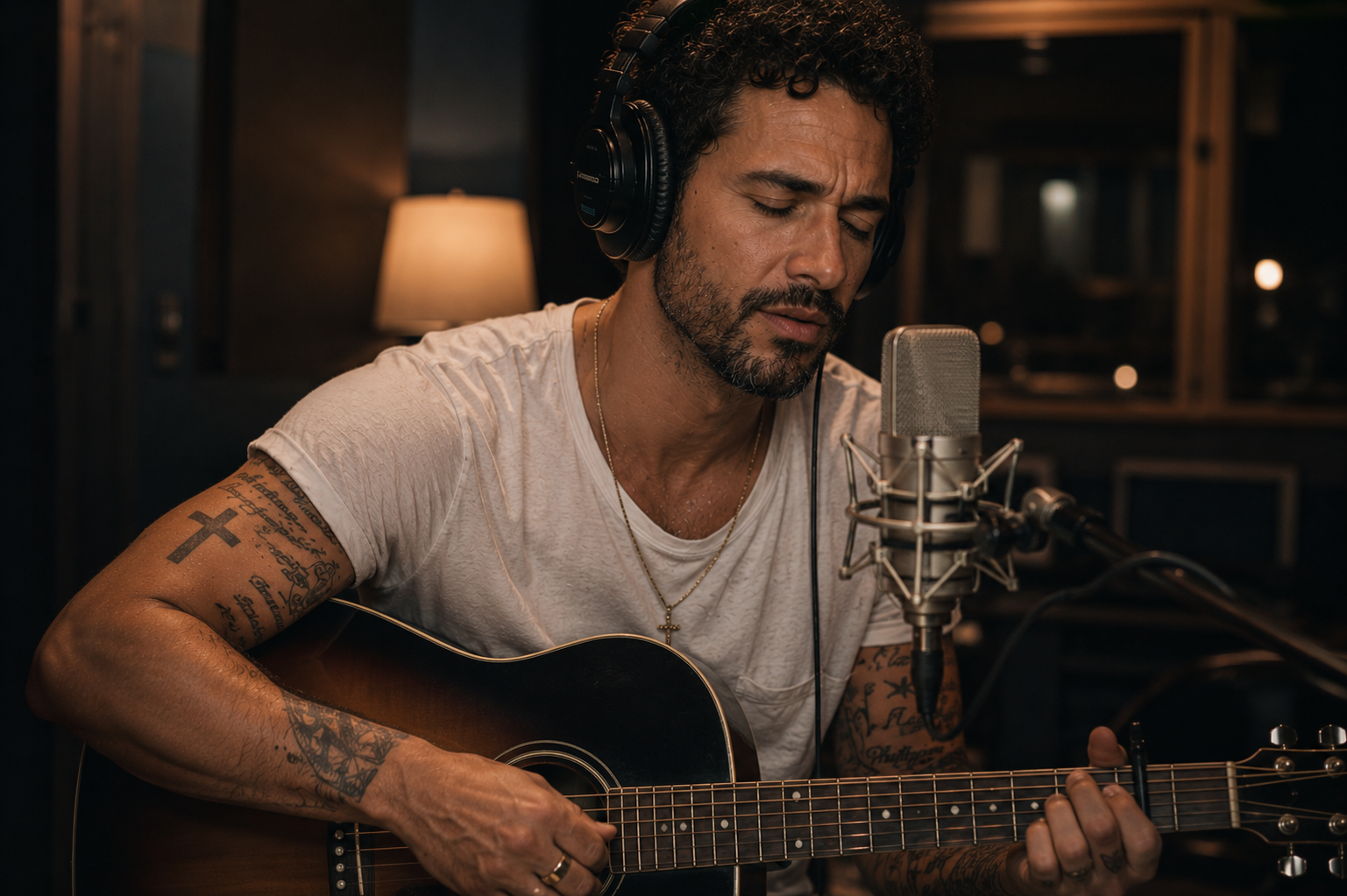 Jasper Ladd singing with an acoustic guitar in the studio