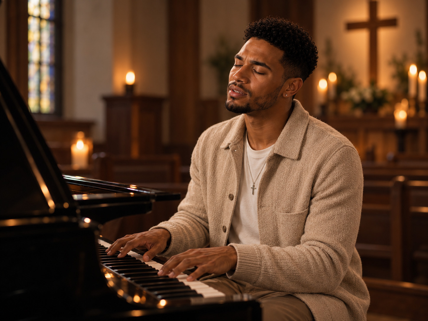 Tagg Morrison singing at the piano inside a softly lit church